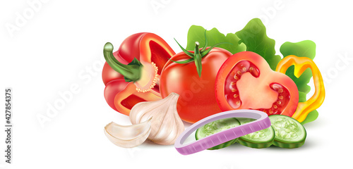 Vegetables salad with tomatoes, cucumber, bell pepper, onion, garlic element set isolated on white background. Vector realistic in 3D illustration.