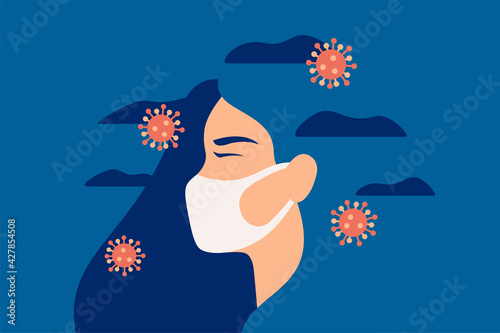 Woman wearing a face protective mask in the Covid-19 pandemic feels anxiety and suffers from pressure. Girl in depression with gloomy thoughts breaths through a mask. Mental health vector concept