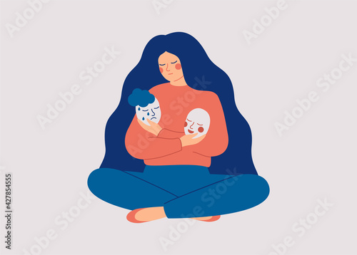 Tired woman holds masks with positive and negative emotions. Girl plays a role, or feels fake.  Personality change Disorder concept. Vector illustration.