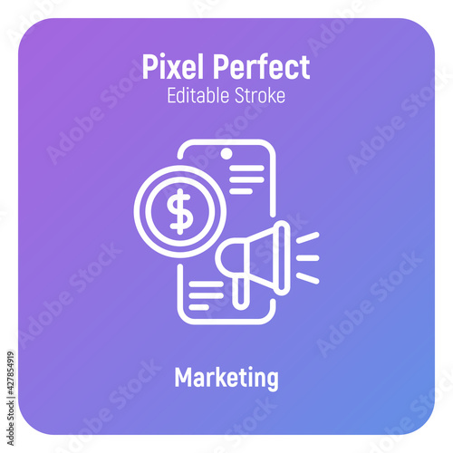 SMM management thin line icon: smartphone with megaphone and dollar coin. Digital strategy. Pixel perfect, ediatble stroke. Vector illustration. photo