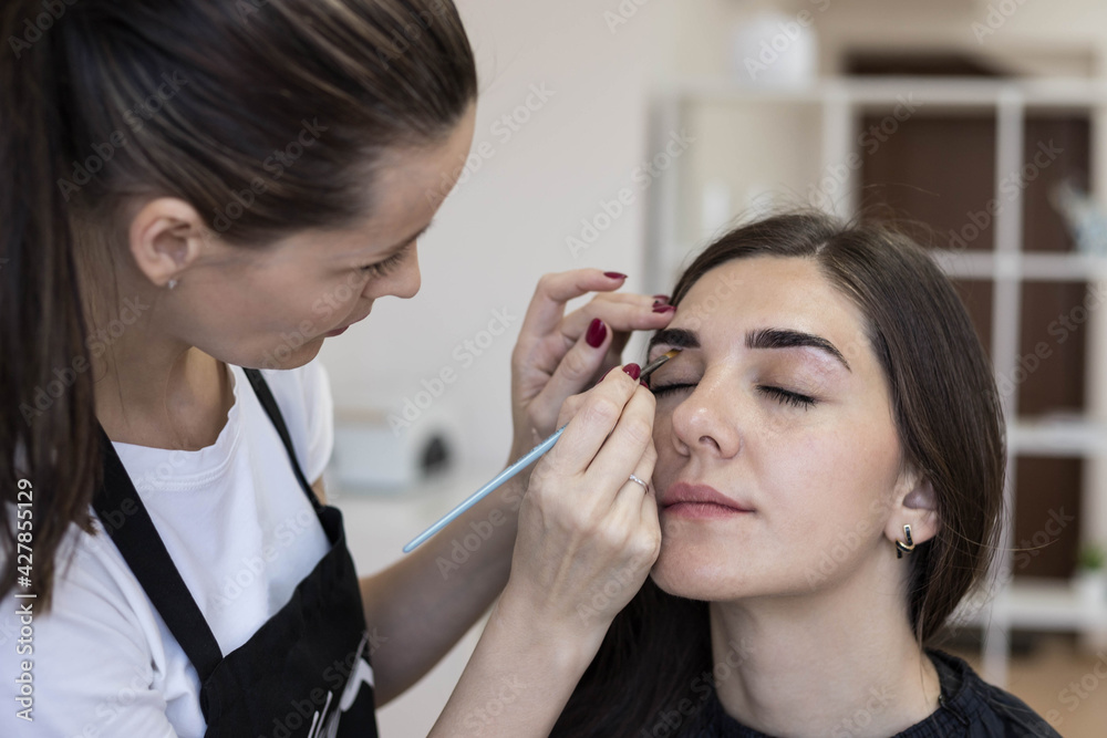 The makeup artist applies a special brush shadow on the girl's eyelids. The master makes the client's girl make-up in the salon. Make-up artist services. The makeup artist applies a special brush shadow on the girl's eyelids. The master makes the client's girl make-up in the salon. Make-up artist services.