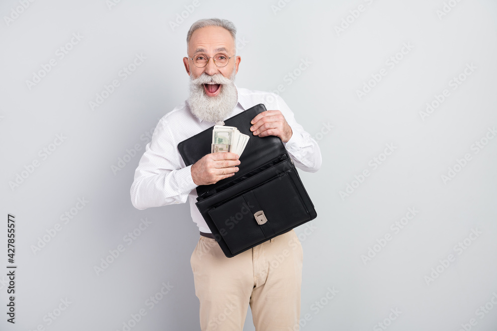 Portrait of handsome hooray grey hair old man agent put money in bag wear spectacles shirt isolated on grey background Portrait of handsome hooray grey hair old man agent put money in bag wear spectacles shirt isolated on grey background