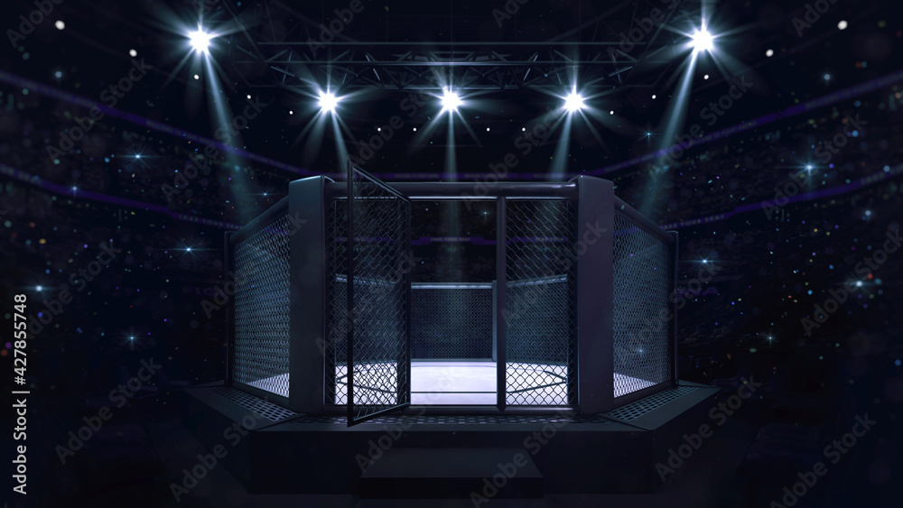 Fototapeta premium Cage fight arena with entry doorway. Interior view of fighting arena with fans and shining spotlights. Digital sport 3D illustration.
