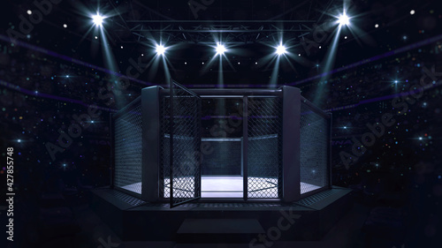 Cage fight arena with entry doorway. Interior view of fighting arena with fans and shining spotlights. Digital sport 3D illustration.