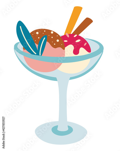 Ice cream in a bowl. Cold, fresh dessert with different flavors with two wafer straws. Summer desserts. Milk Based Product Isolated Icon. Cartoon vector illustration