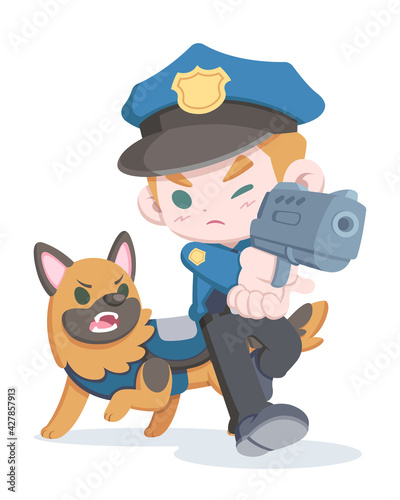 Cute style police officer aiming gun and dog cartoon illustration

