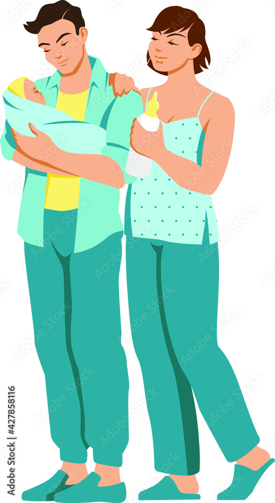 Vector flat design illustration: young man , woman , infant baby in ...