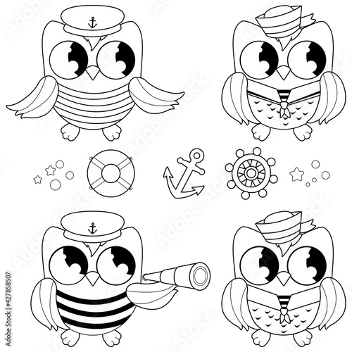 Sailor owls marine nautical set. Vector black and white coloring page