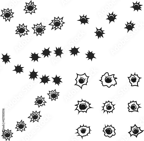 Set of illustrations of bullet holes. Design element for logo, label, sign, emblem, poster. Vector illustration