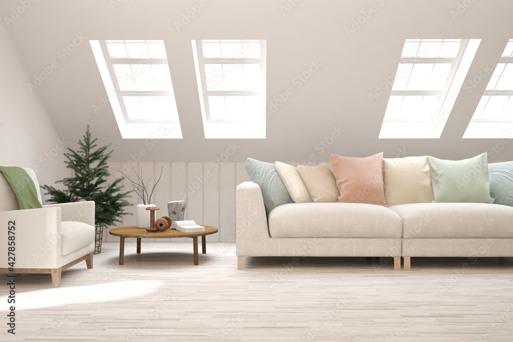 Obraz premium White living room with sofa. Scandinavian interior design. 3D illustration