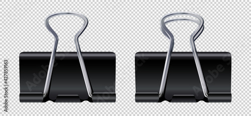 Vector realistic black paper clips set. Binder clips, metal paper holders, office stationery