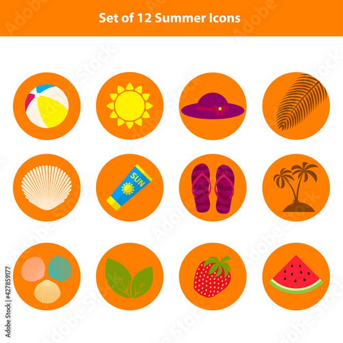Set of summer, beach flat icons on orange round background. Flat design style. Vector illustration. EPS10.