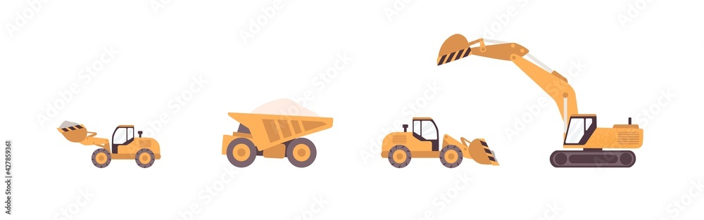Dump truck, excavator, bulldozer, and backhoe isolated on white. Set of tracked and wheeled building machinery with digging buckets. Colored flat vector illustration of heavy industrial equipment