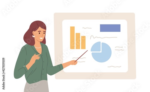 Female speaker pointing at presentation on white board during business seminar. Office worker showing report at whiteboard with pointer. Isolated flat graphic vector illustration of woman at flipchart