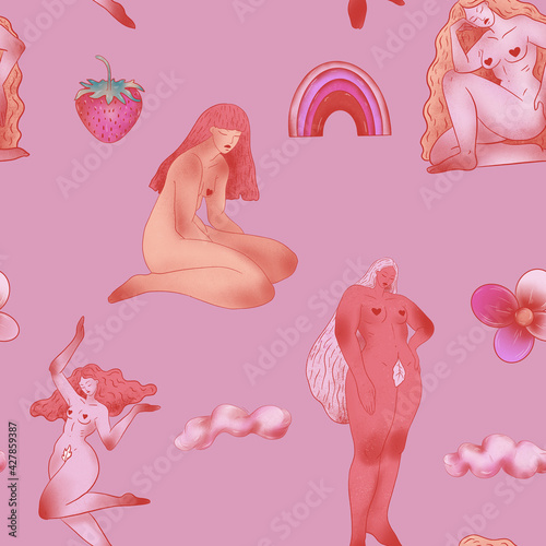 Geometric raster female seamless pattern. Abstract motifs with shapes and nude girls. Illustration can be used for wallpapers, pattern fills, web page backgrounds,surface textures.	
