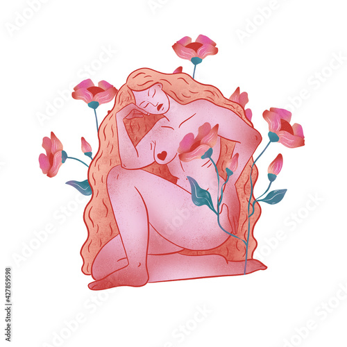 Woman body. Raster textural illustration of a female and flowers. Realistic woman for creating fashion prints, postcard, wedding invitations, banners, arrangement illustrations, books, covers