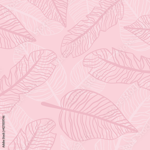 Botanical spring summer lined background with tropical leaves. Vector illustration 