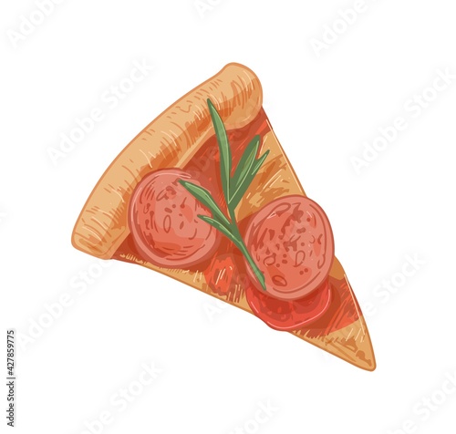 Triangle piece of Italian pizza with salami slices, sausages, rosemary, chees...