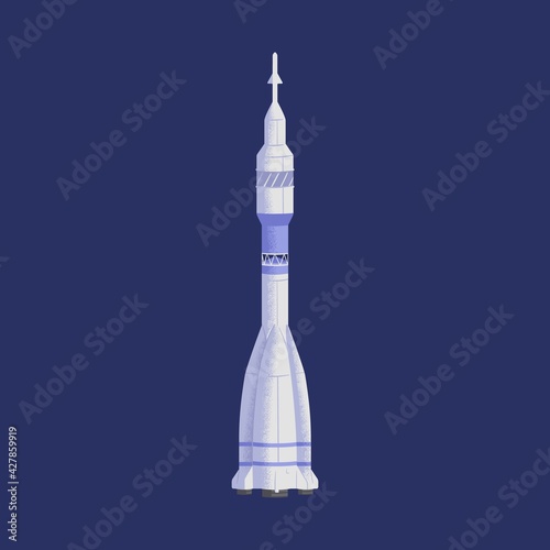 Isolated rocket flying in outer space. Futuristic rocketship or spaceship. Cosmos flight of intergalactic shuttle. Colored flat textured vector illustration of cosmic transport