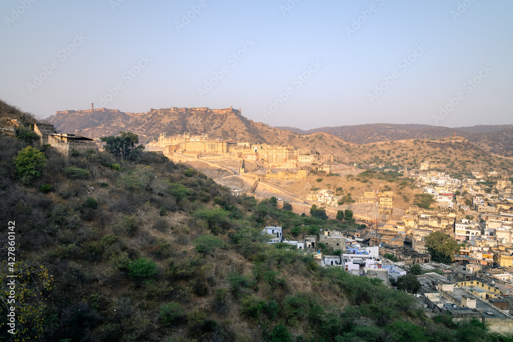 Amer Fort is located in Amer, a town with an area of 4 sq. kilometres, not far from Jaipur, Rajasthan state, India. Located high on a hill, it is the principal tourist attraction in the Jaipur 
