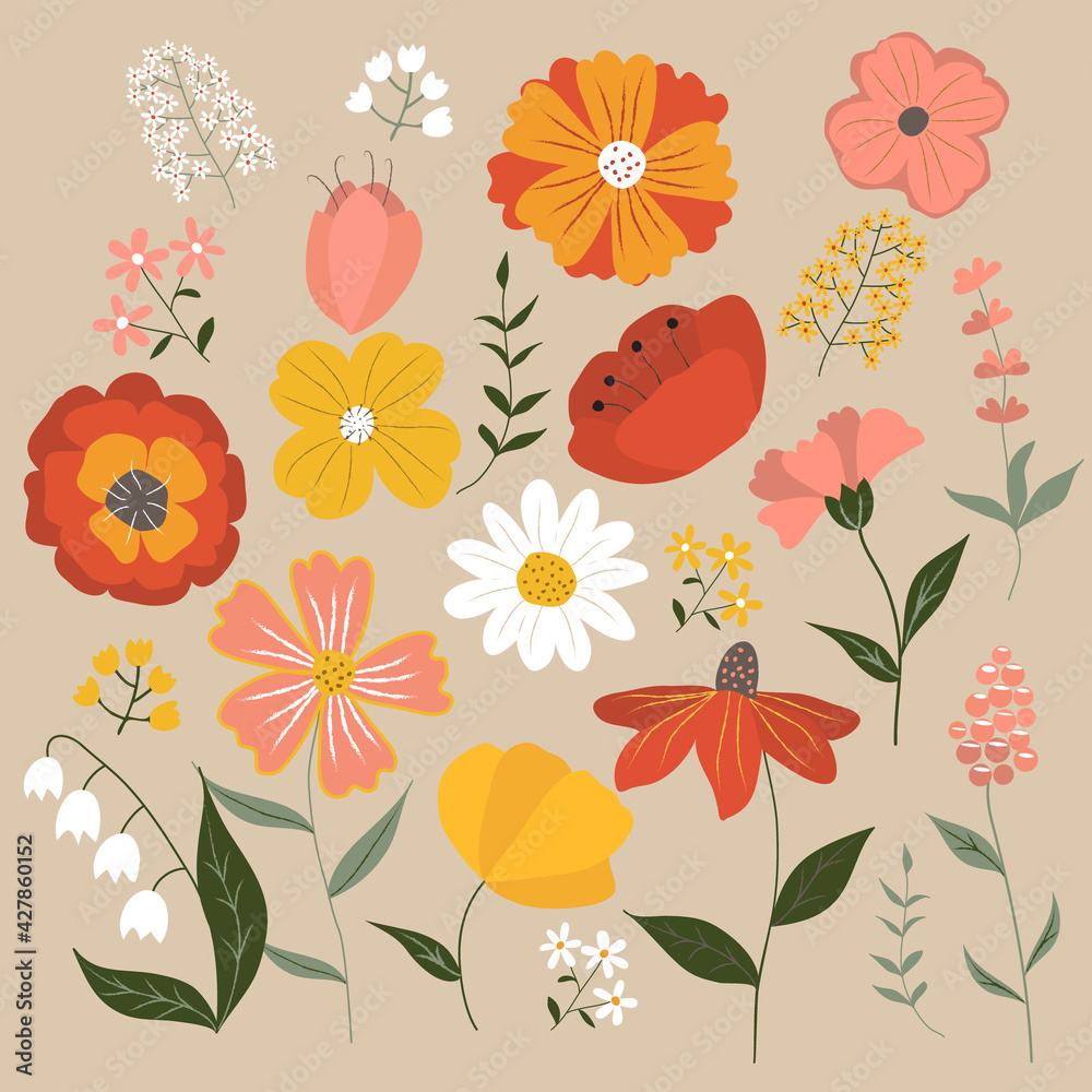 Set of summer flowers and herbs. Red, yellow, pink and white buds on beige background. Vector illustration in flat style