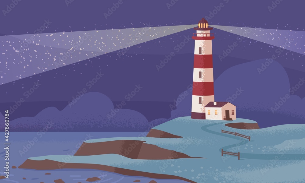 Scenic landscape with lighthouse on sea or ocean coast at night. Seascape with light beams from coastal beacon on seashore. Coastline nautical building. Colored flat textured vector illustration