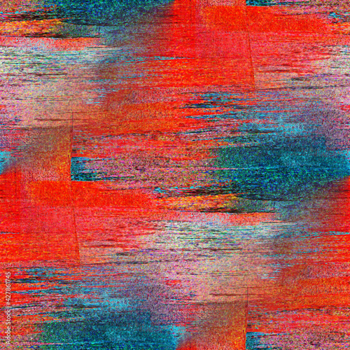 Canvas surface texture seamless pattern background. Glitter teal, blue, orange, red repeated paint strokes