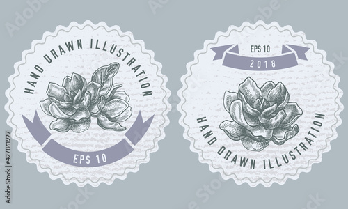Monochrome labels design with illustration of magnolia flowers