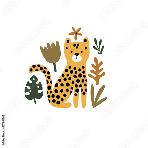 vector illustration of cute leopard in leaves