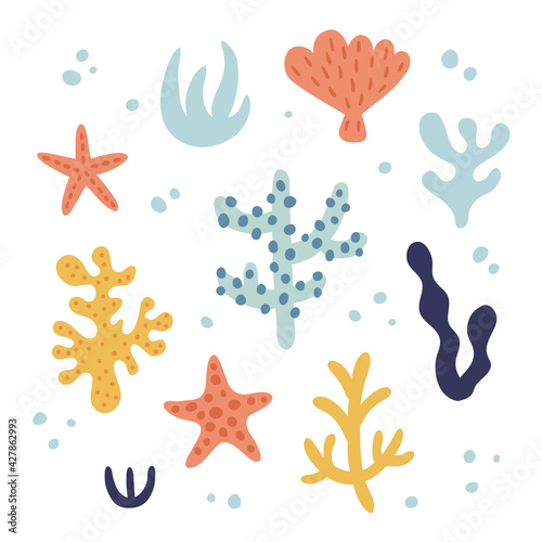 vector set of cute underwater seaweeds on white