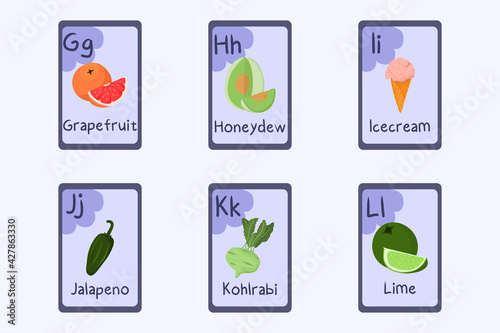 Colorful alphabet flashcard Letter G, H, I, J, K, L - grapefruit, honeydew, icecream, jalapeno, kohlrabi, lime.
