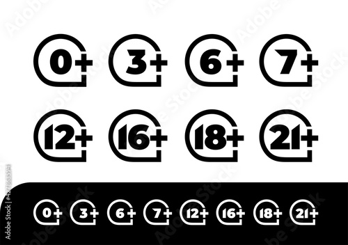 Age rating set icon 0, 3, 6, 7, 12, 16, 18, 21. Design vector illustration age limit for web and video games. Isolated on black and white background.
