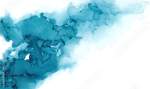 Abstract painting isolated on white, alcohol ink technique. Light blue stains texture background. Web banner blue gradient fill background. 