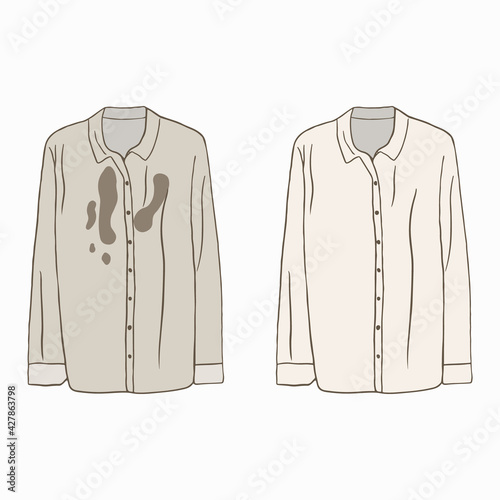 Dirty unkempt dress shirt with stains and neat clean clothes. Clean, fresh laundry with removed dirt and stains. Dirty and washed laundry. Colored flat vector illustration isolated on white background
