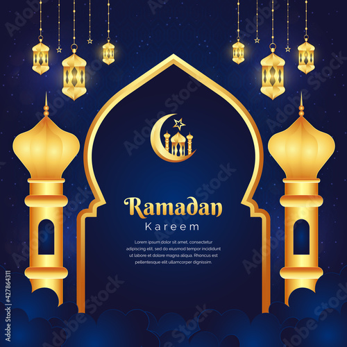 Realistic Ramadan Kareem background with stylish golden lantern