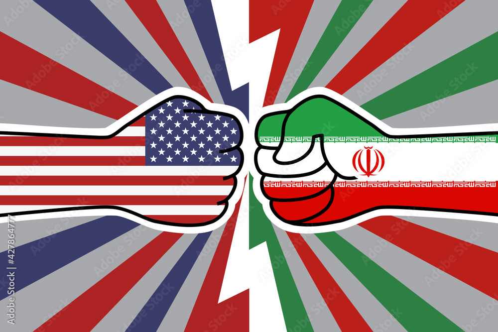 Confrontation between the united states and iran. USA flag fist vs Iranian flag fist. American Iranian military confrontation. Vector flat icon for web banner, post
