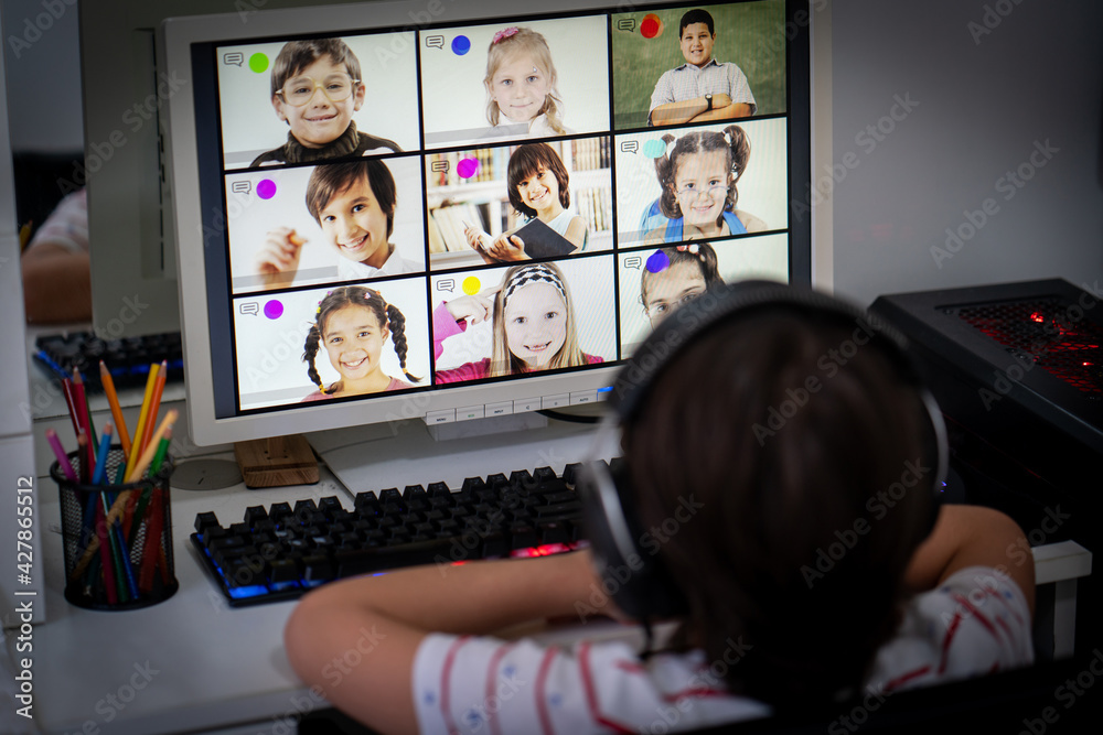 Little boy having online school distance learning class Little boy having online school distance learning class