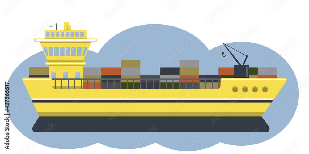 Vector cargo ship in yellow-blue colors. Illustrative container ship with cargo isolated on a white background. Marine theme.