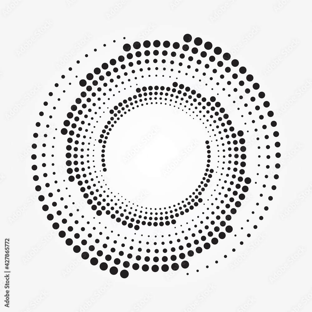 Abstract halftone swirl background. Dotted round logo. Halftone swirl object. Halftone dots circle texture. Abstract circle pattern. Vector art illustration. Halftone design element.