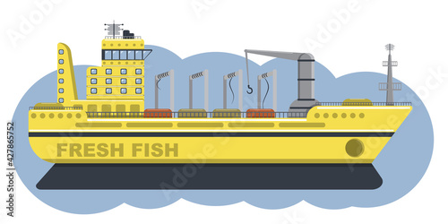 Vector fishing tanker in yellow-blue colors. Illustrative sea fishing tanker isolated on white background. Marine theme.