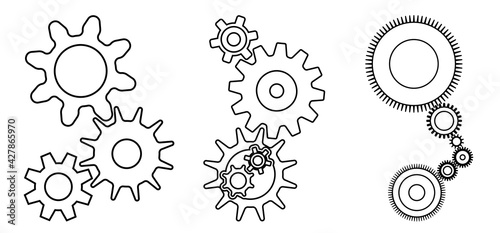 Outline vector design of cogwheels set in move.  Gears set vector graphic to use in technology, business, mechanics and engineering projects.
