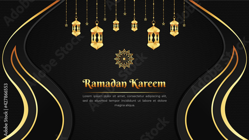 Ramadan Kareem black & gold background with stylish golden lantern