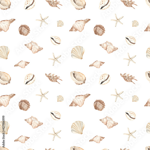 Watercolor seamless pattern with sea shells, starfish on a white background