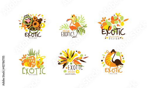 Exotic Logo Original Design Collection, Summer Vacation, Tropical Resort Hand Drawn Badges Vector Illustration