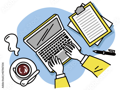 フリーランス、資料作成、パソコン作業中のイラスト
Chat messages on computer online vector illustration, workspace or working desk laptop pc with chatting bubble notifications, concept of people messaging on internet imag