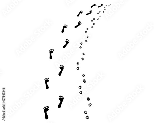 Footprints of bare feet and paws dog, turn right	