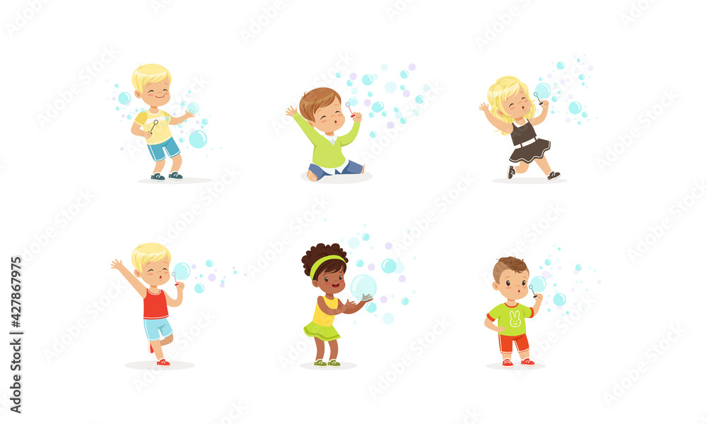 Happy Lovely Kids Playing Soap Bubbles Set, Cute Boys and Girls Blowing Out Bubbles and Having Fun at Holiday or Birthday Party Cartoon Vector Illustration