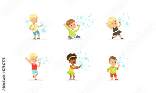 Happy Lovely Kids Playing Soap Bubbles Set, Cute Boys and Girls Blowing Out Bubbles and Having Fun at Holiday or Birthday Party Cartoon Vector Illustration