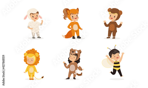 Cute Adorable Kids Wearing Animal Costumes Set, Sheep, Squirrel, Bear, Lion, Dog, Bee Cartoon Vector Illustration