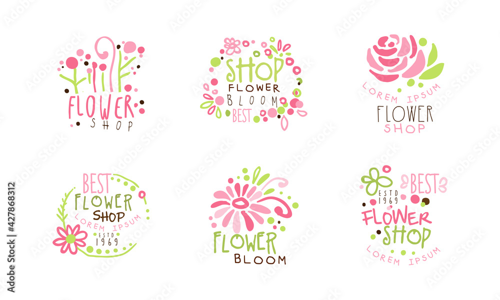 Flower Shop Logo Templates Set, Blooming Flowers Hand Drawn Badges Vector Illustration